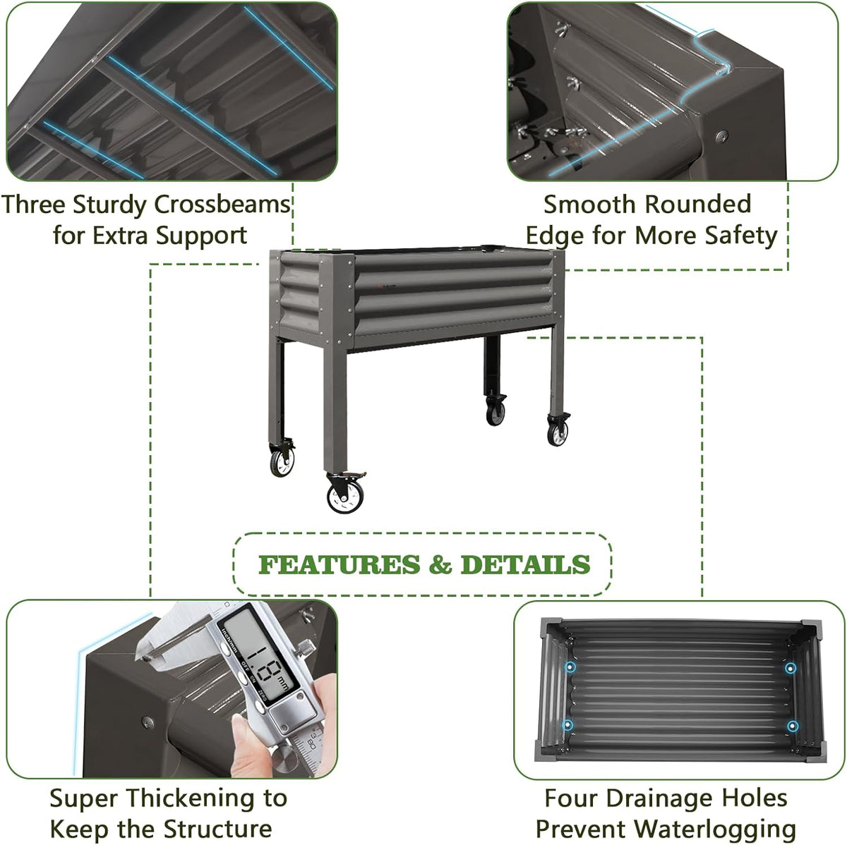 35" Waist-High 4x1.5 ft Galvanized Steel Elevated Raised Garden Bed with features highlighted on a white background 