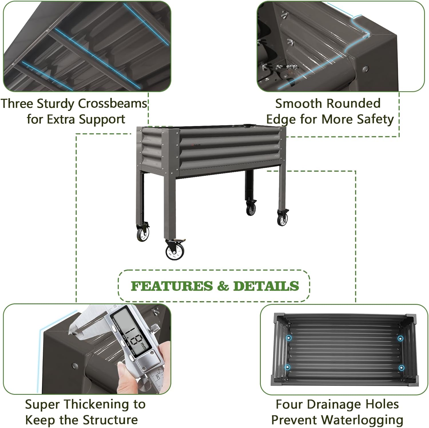 35" Waist-High 4x1.5 ft Galvanized Steel Elevated Raised Garden Bed with features highlighted on a white background 