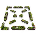 Letter-shaped planters with plants arranged to form the word 'Garden' on a white background 