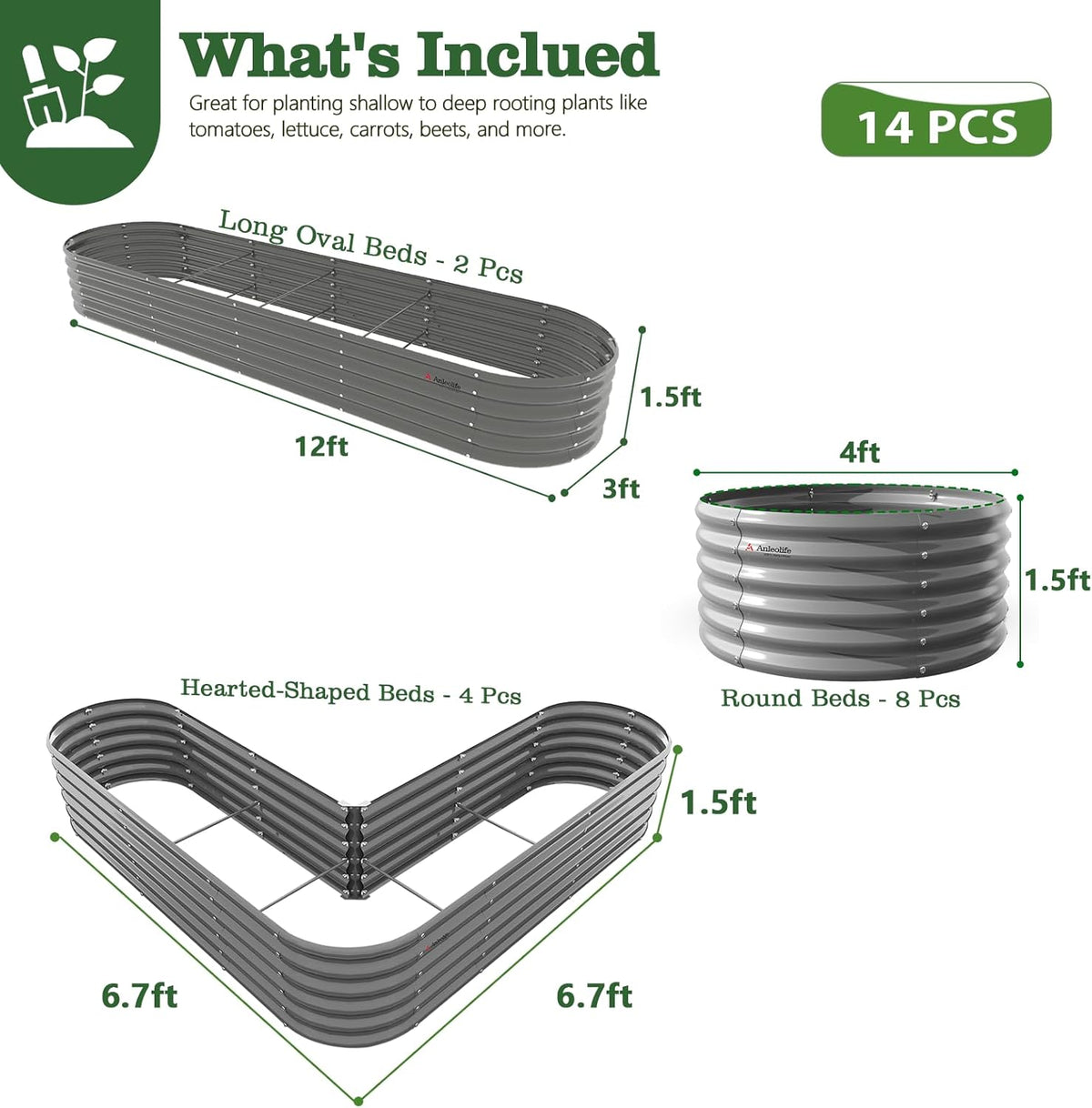 Garden bed packaging with various shapes and dimensions on a white background 
