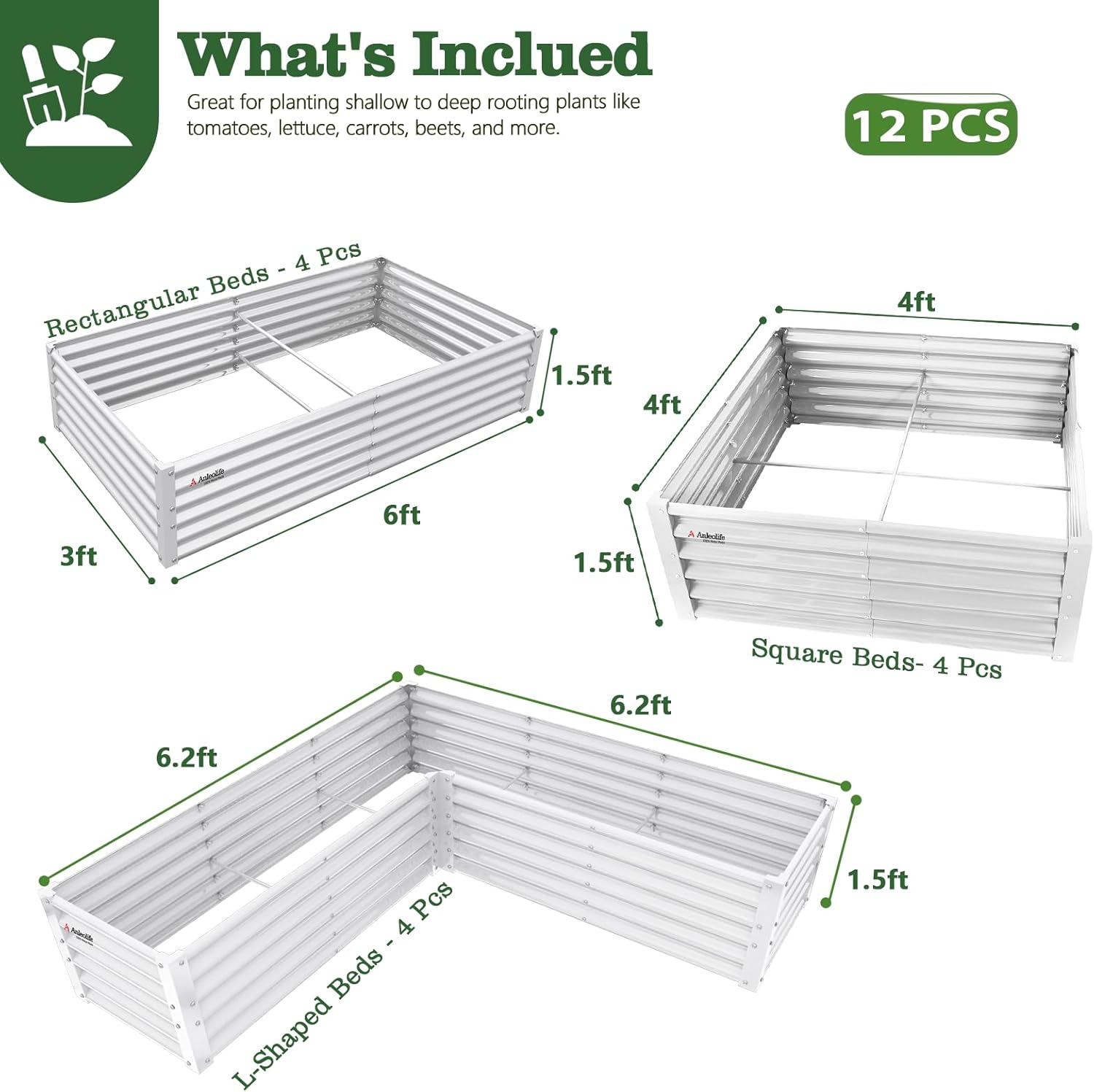 Set of garden raised beds with dimensions and quantity information on a white background 