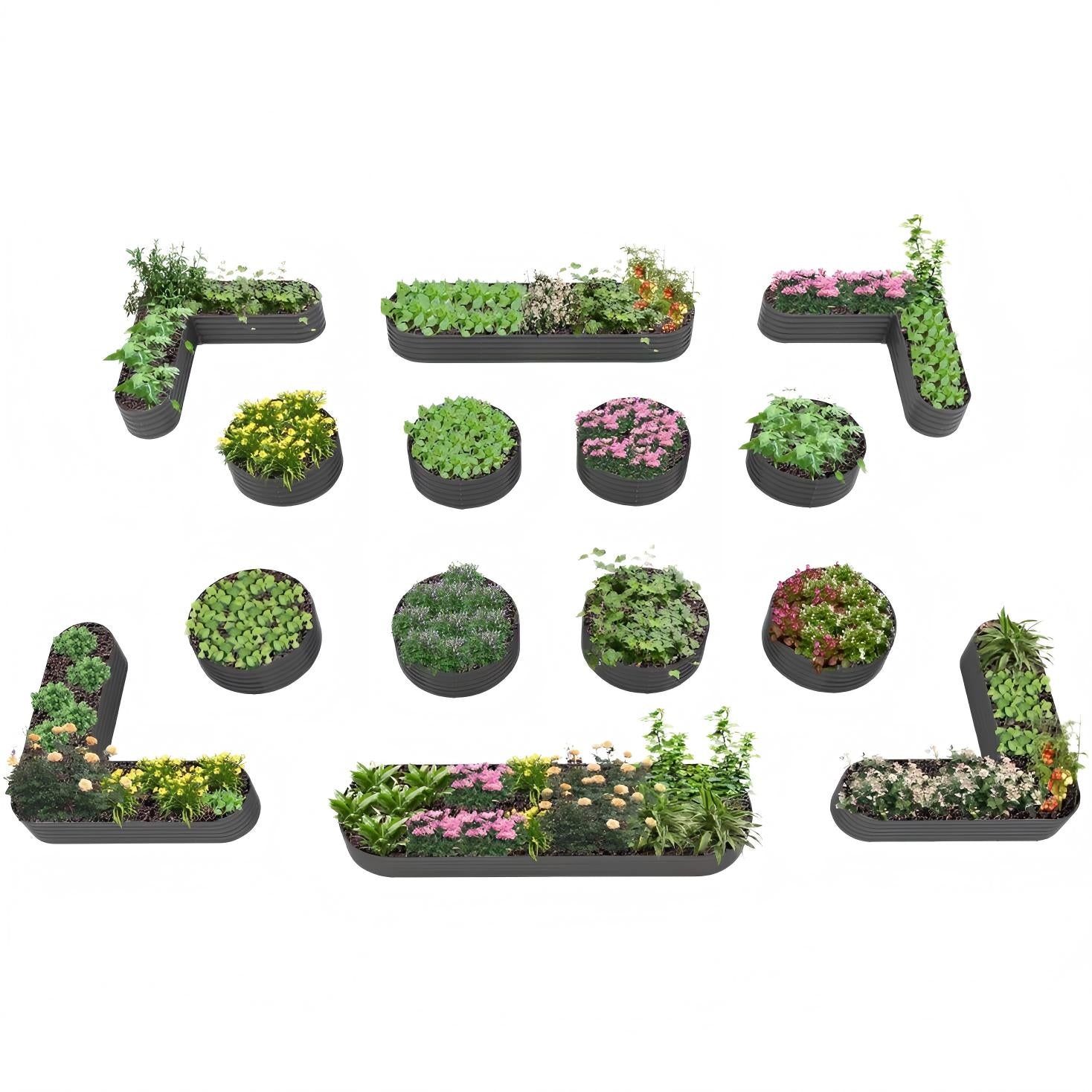 Set of various small garden beds with plants on a white background #quartz-gray