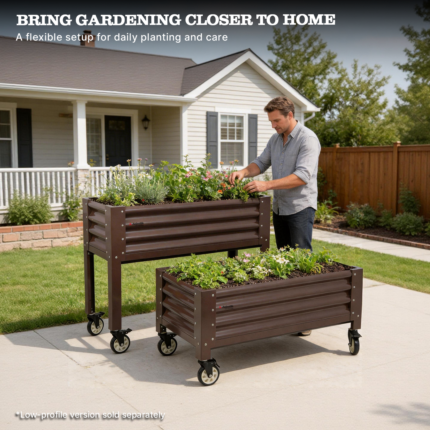 Man tending to plants in outdoor elevated raised garden beds with a house and garden in the background. 