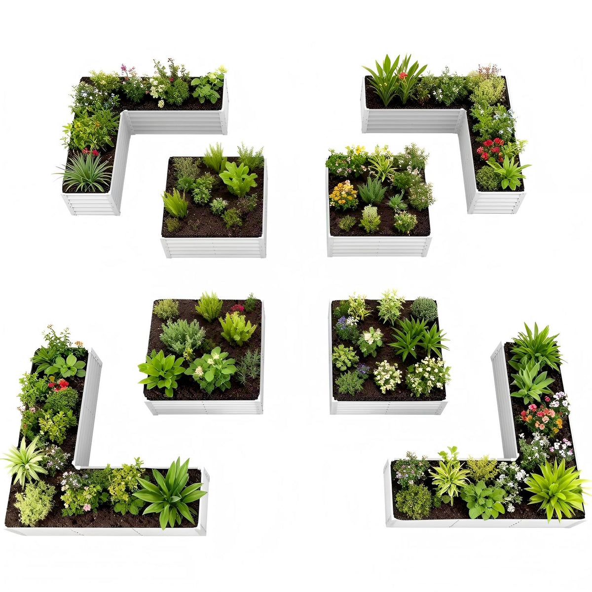 Set of letter-shaped planters with plants on a white background 