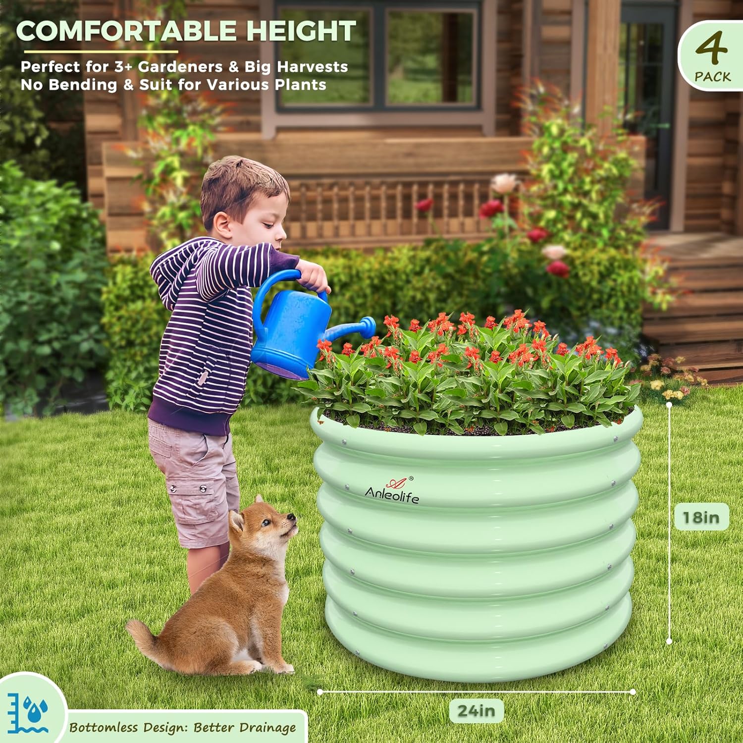 Set of 4:2x2x1.5ft Kids Round Galvanized Metal Raised Garden Beds  (Mint Green)