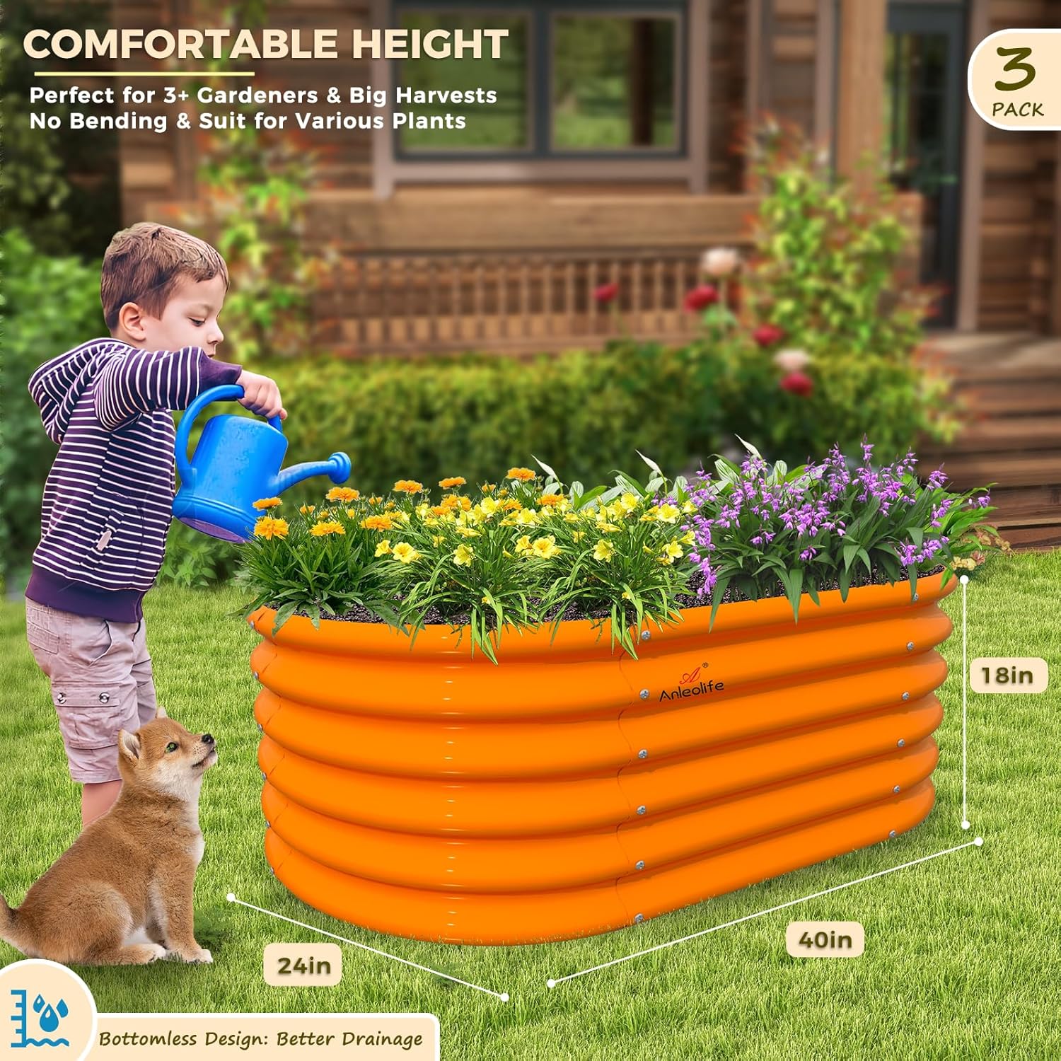 Set of 3:3x2x1.5ft Kids Round Galvanized Metal Raised Garden Beds  (Peach Orange)