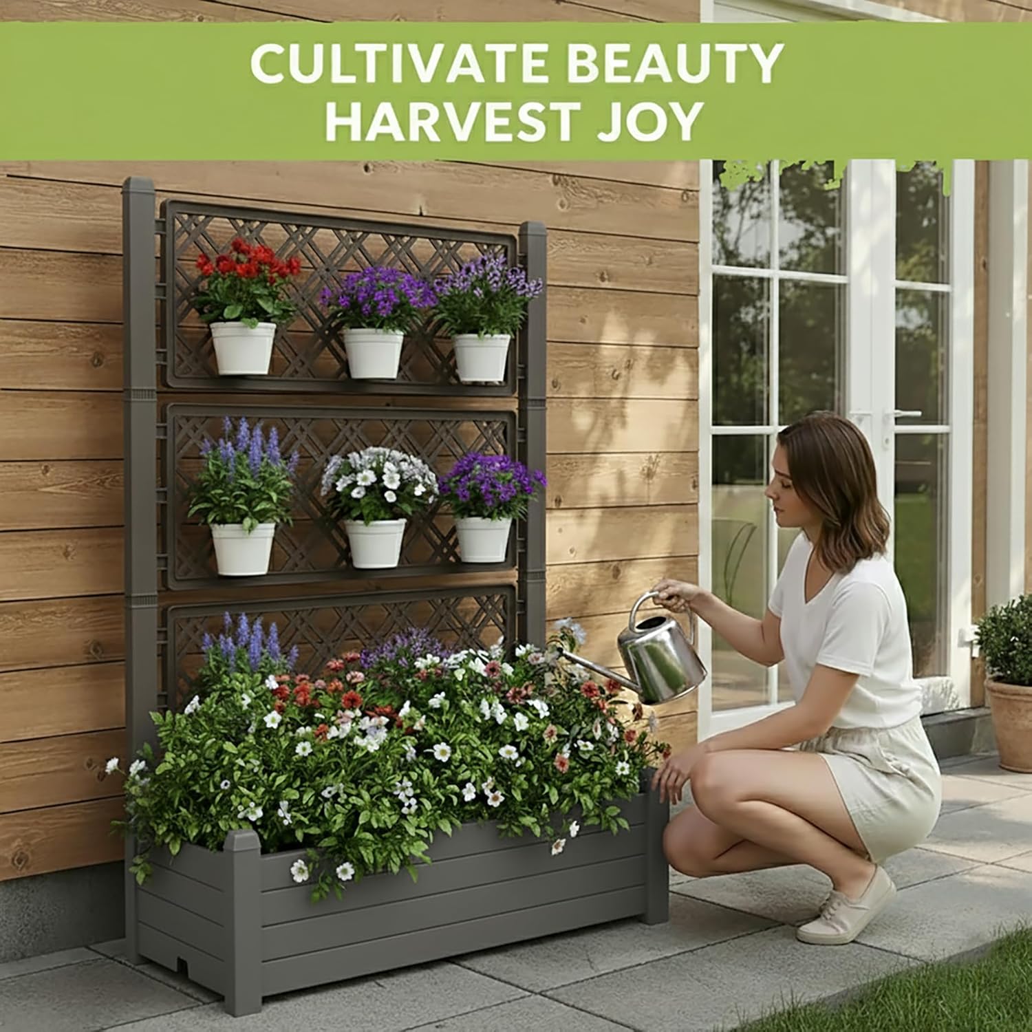 Plastic Raised Garden Bed with Trellis, Extra Tall Vertical Planter – Stone Coffee