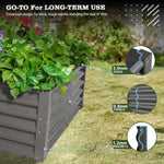 Gray raised garden bed with plants on grass, highlighting material thickness features. 