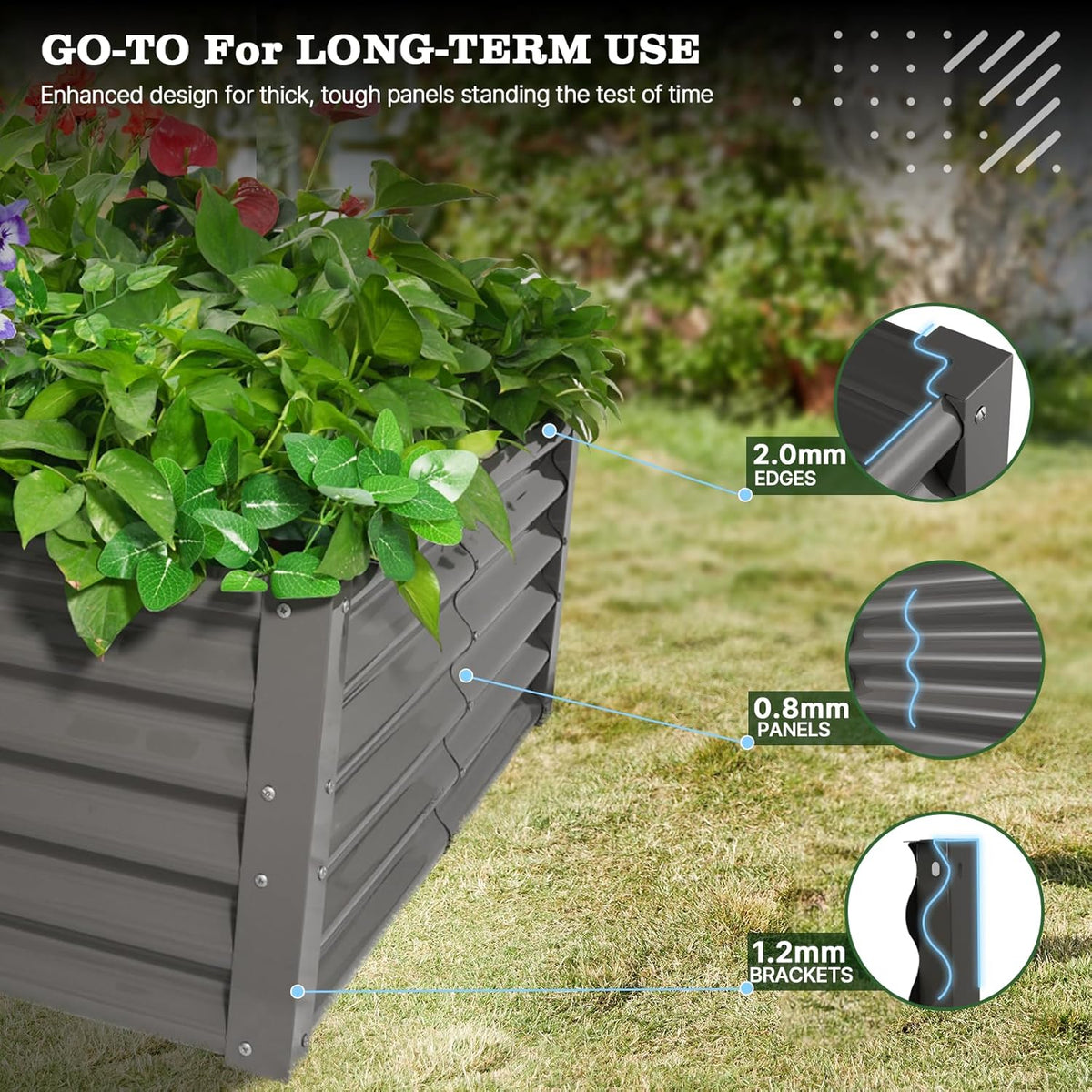 Gray raised garden bed with plants on grass, highlighting material thickness features. 