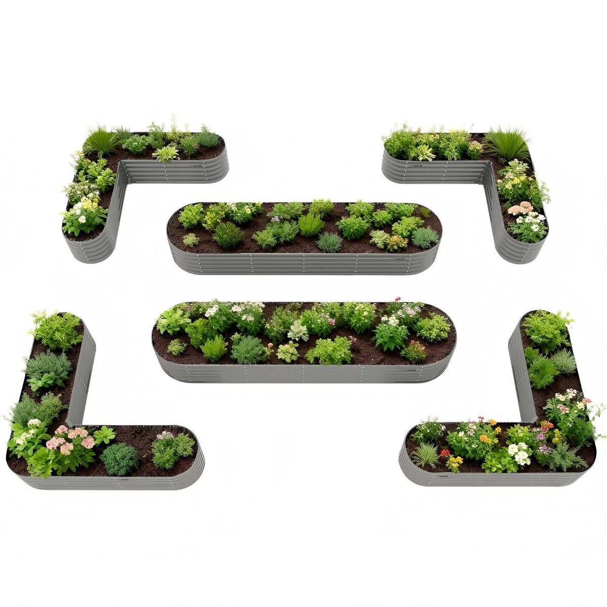 Set of garden planters shaped like the number '121' with plants and flowers. 