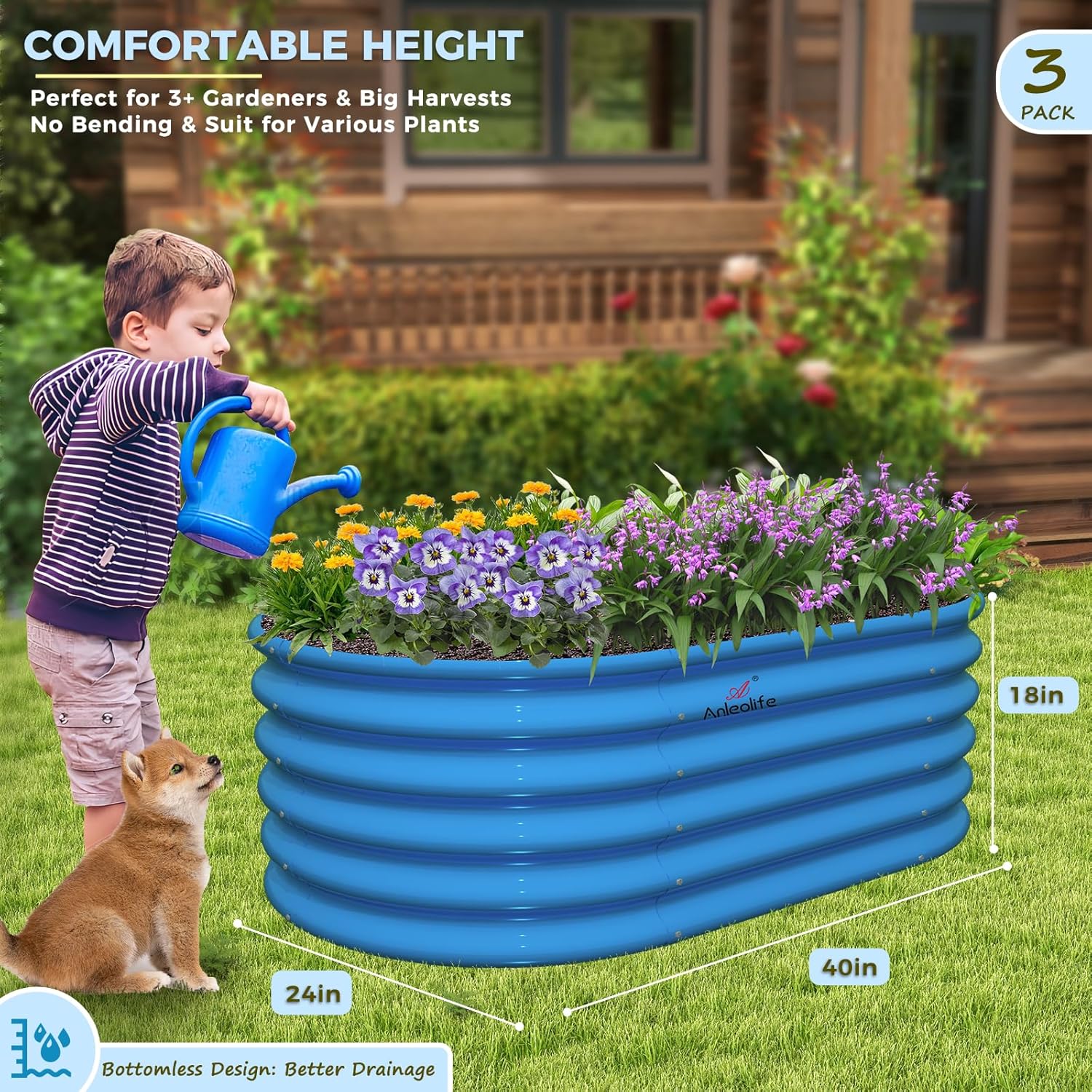 Set of 3:3x2x1.5ft Kids Round Galvanized Metal Raised Garden Beds  (Sky Blue)