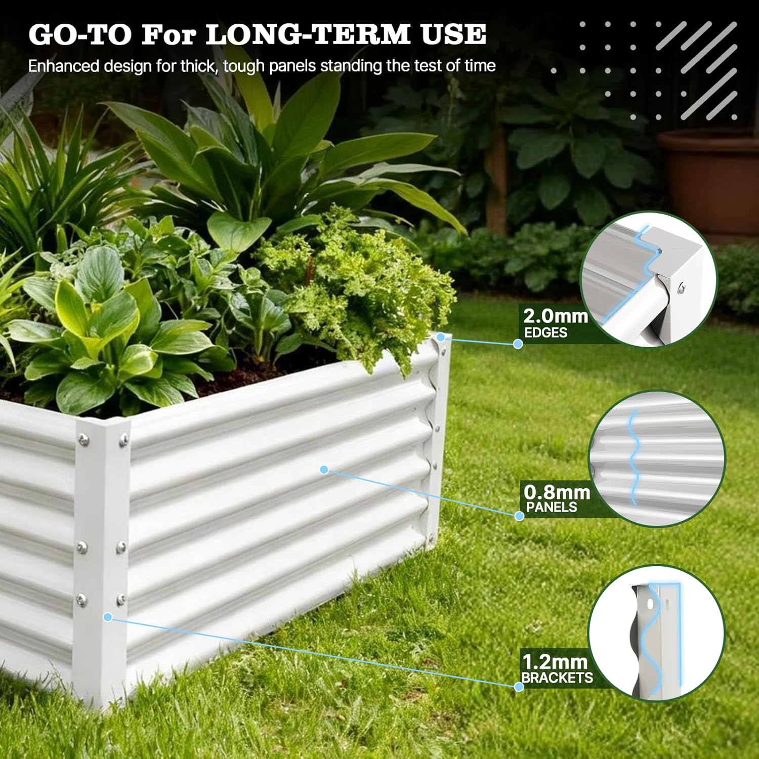 White metal raised garden bed with green plants on grass, featuring durability specifications. 