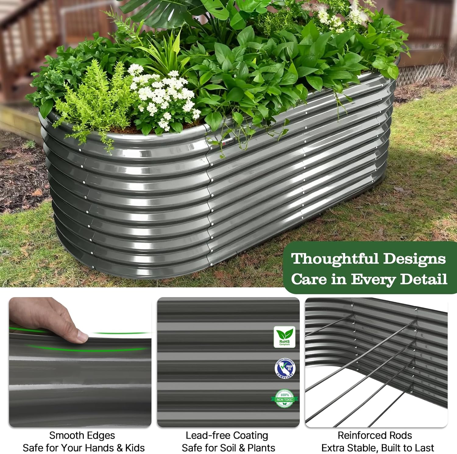 Metal raised garden bed with plants, featuring text on product features. 