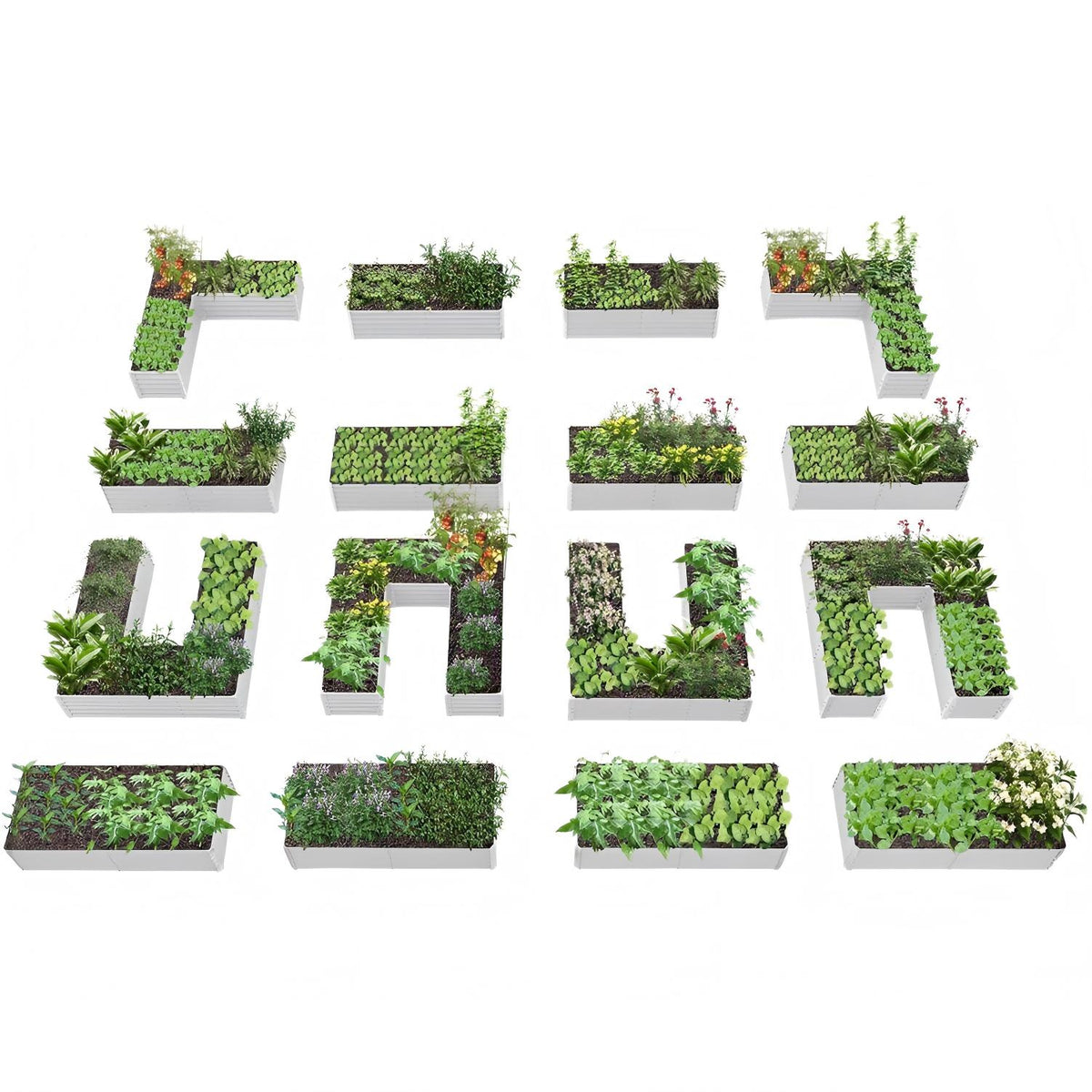 Set of 16 small garden planters with green plants on a white background 