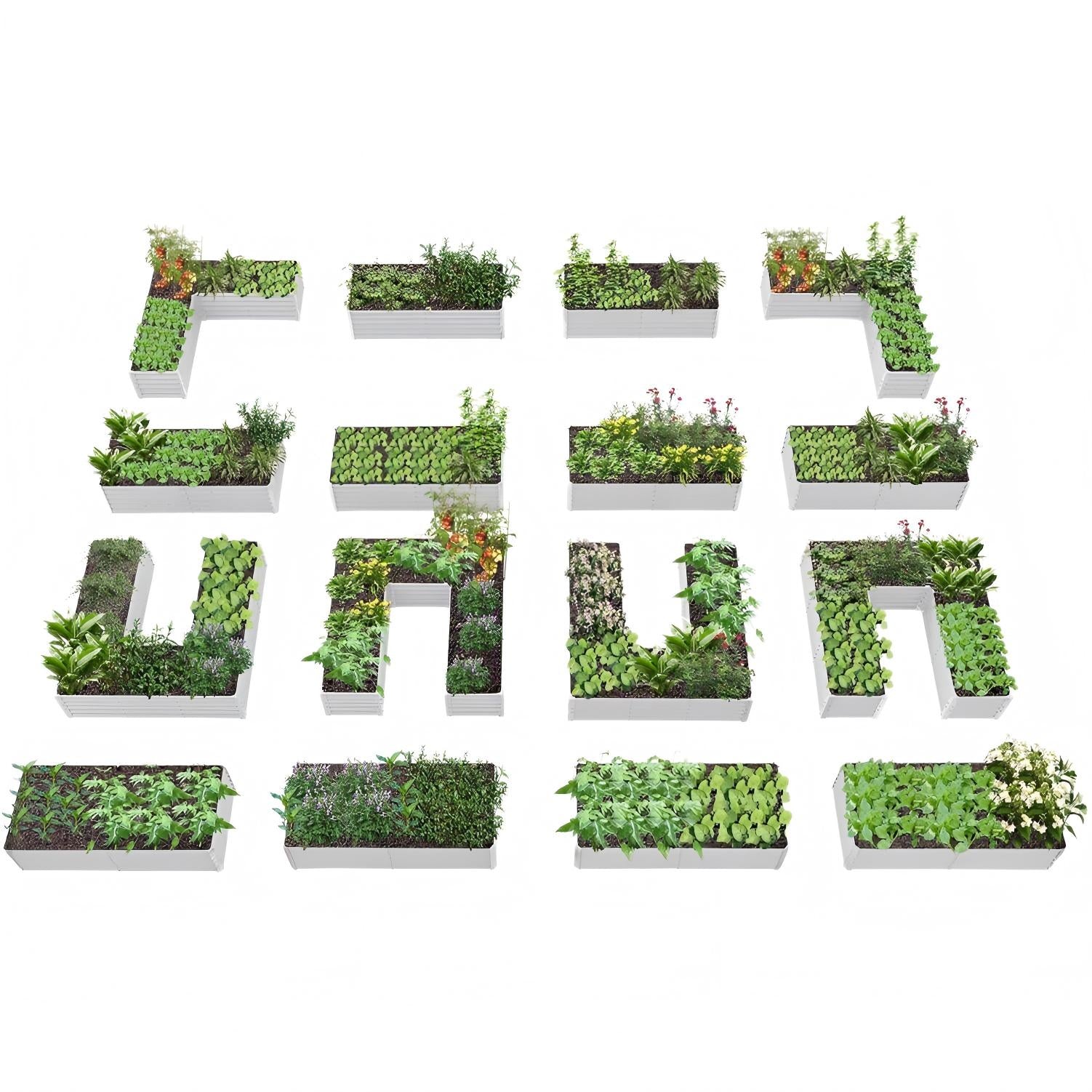 Set of 16 small garden planters with green plants on a white background 