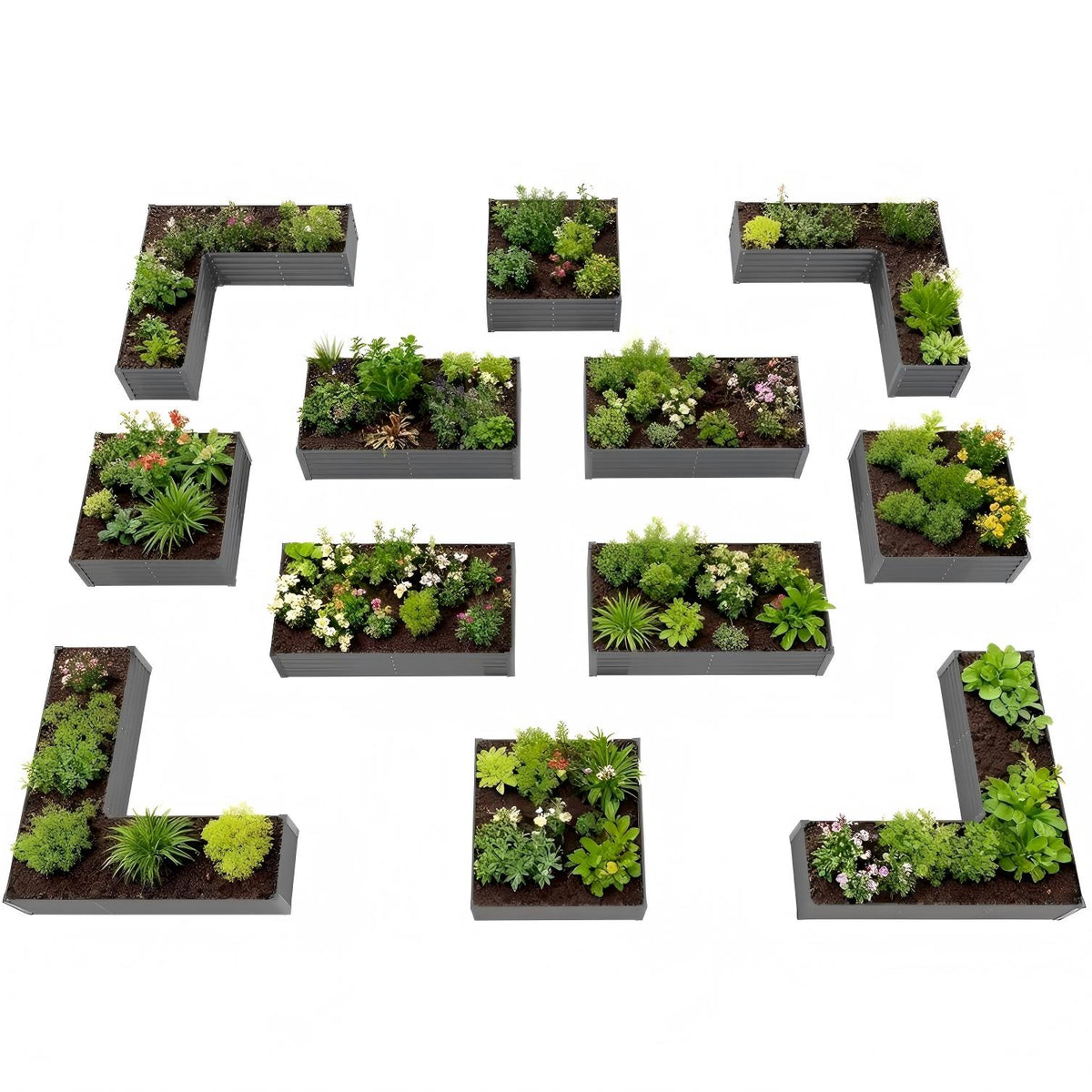 Set of small garden planters with plants arranged in a decorative pattern on a white background 