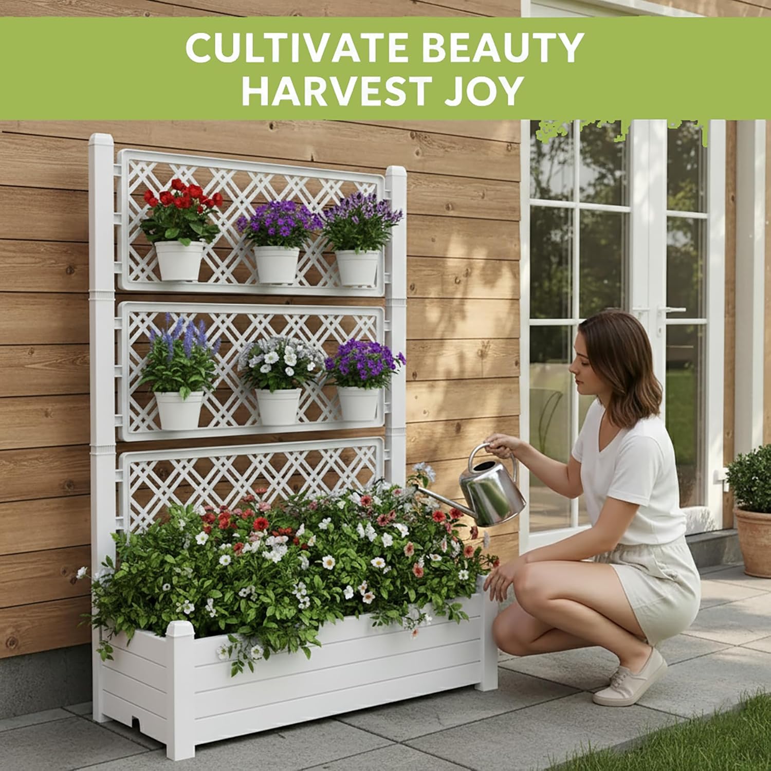 Plastic Raised Garden Bed with Trellis, Extra Tall Vertical Planter – Ashen Gray