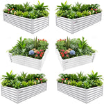 Set of six white metal raised garden beds with plants and flowers on a white background 