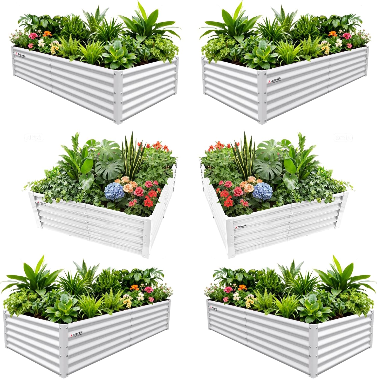 Set of six white metal raised garden beds with plants and flowers on a white background 