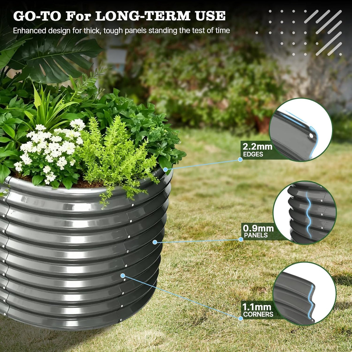 Metal planter with plants on grass, highlighting design features. 