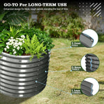 Metal planter with plants on grass, highlighting design features. 