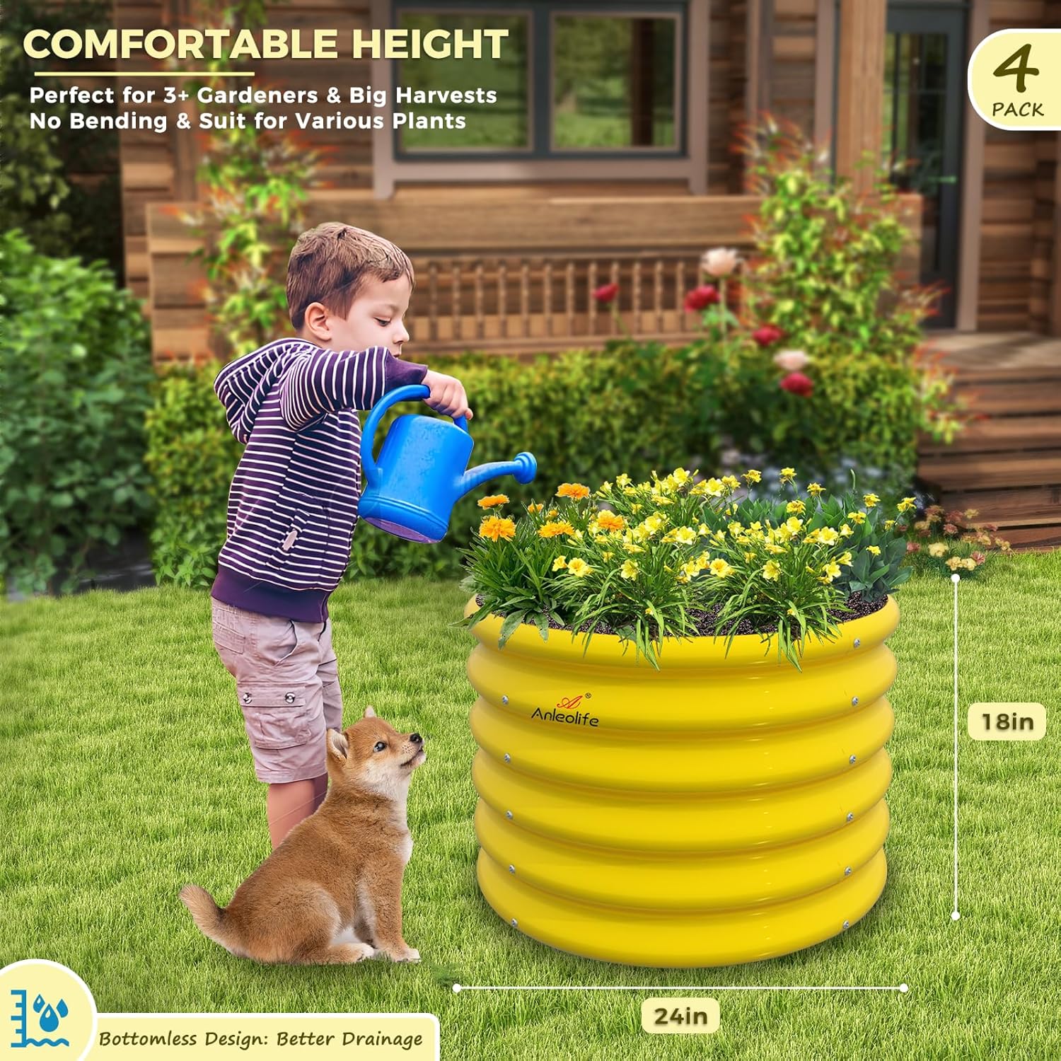 Set of 4:2x2x1.5ft Kids Round Galvanized Metal Raised Garden Beds  (Sunlit Gold)
