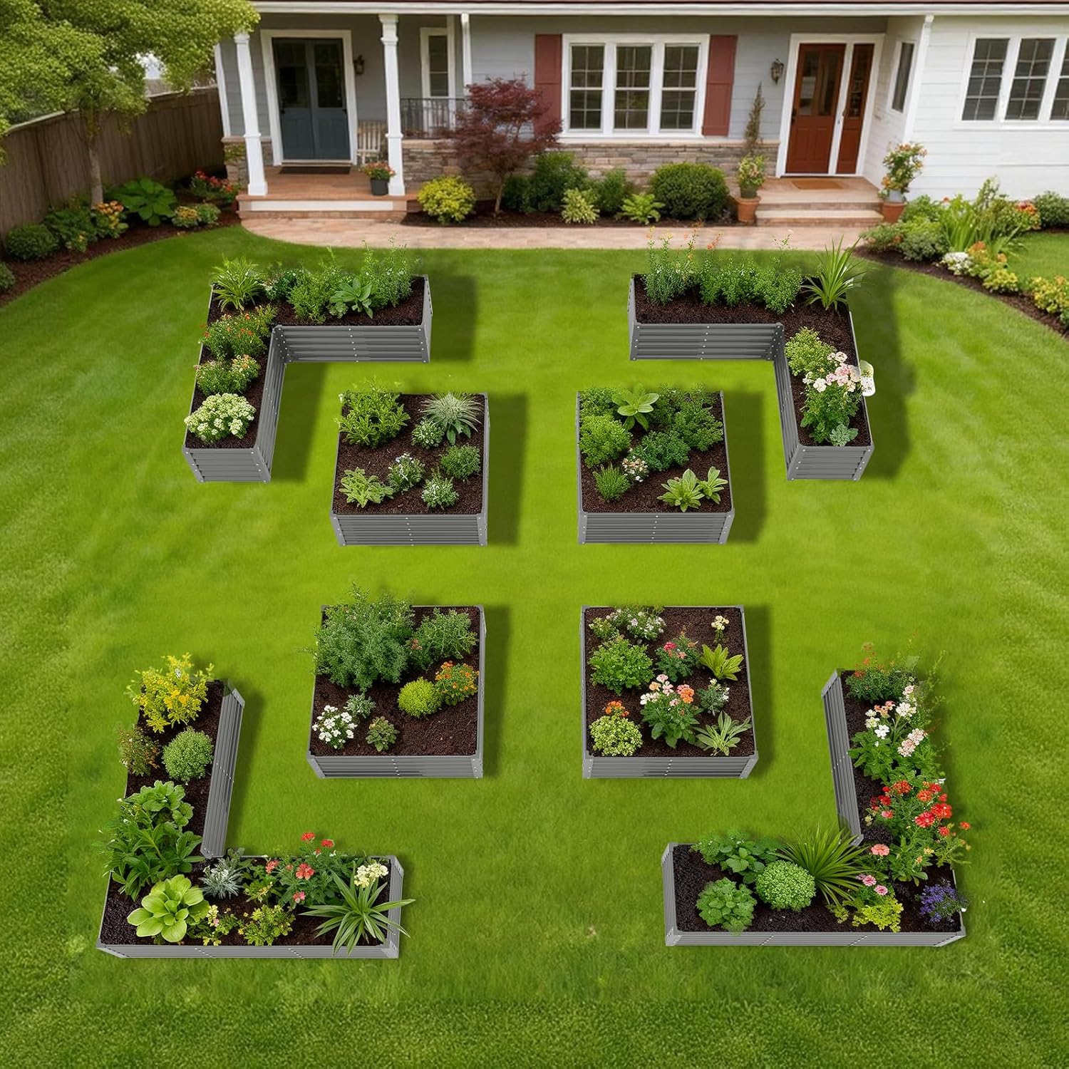 Geometric garden layout with raised beds filled with various plants in a backyard setting. 