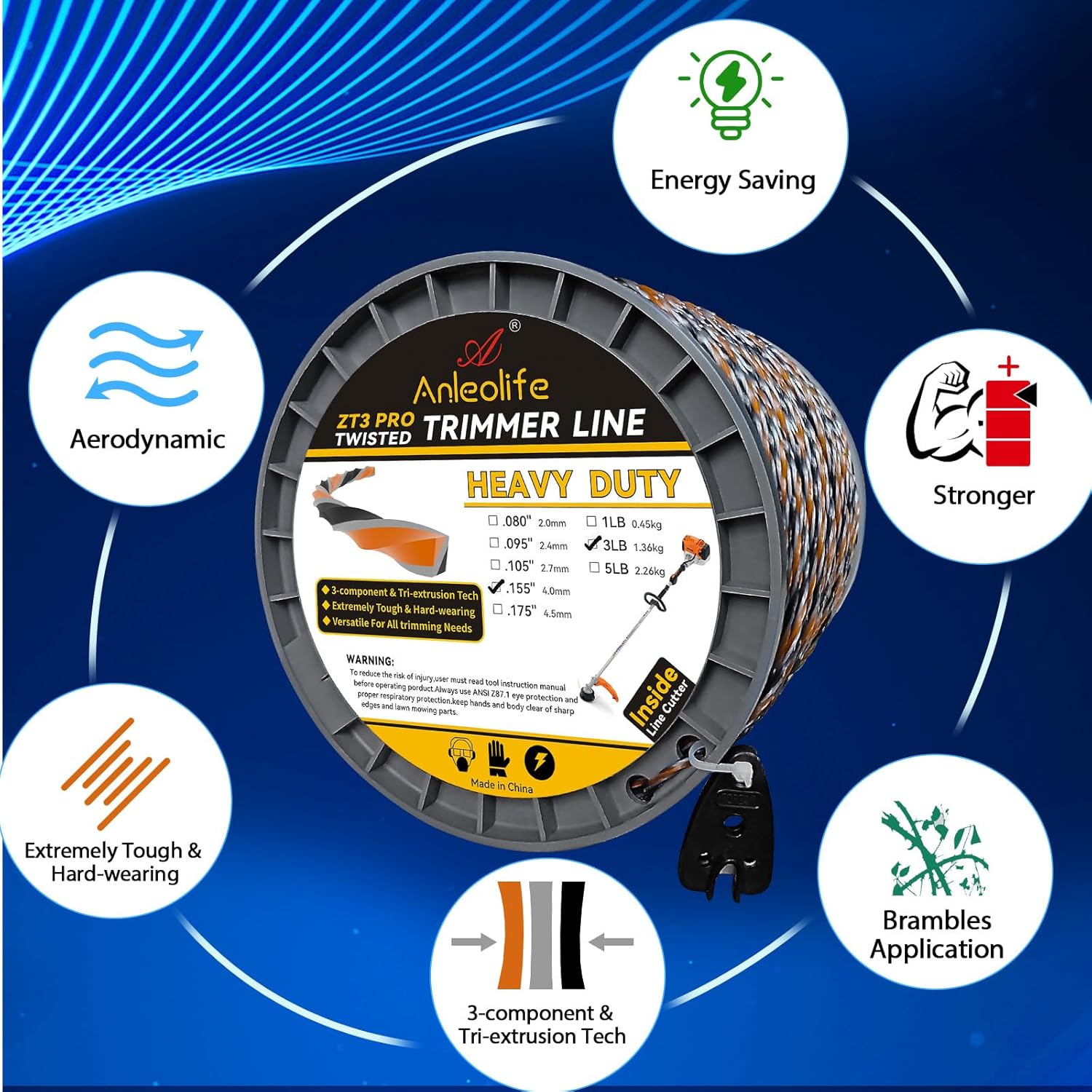 3-Pound ZT3 Pro Heavy Duty Diamond .095-Inch-by-1122-ft Twisted Trimmer Line Spool,3-Component Tri-Extrusion - Anleolife
