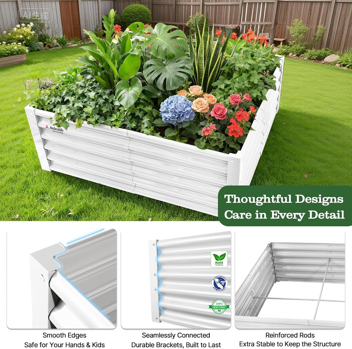 White raised garden bed with plants and flowers on a grassy lawn, with inset images highlighting features. 