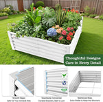 White raised garden bed with plants and flowers on a grassy lawn, with inset images highlighting features. 