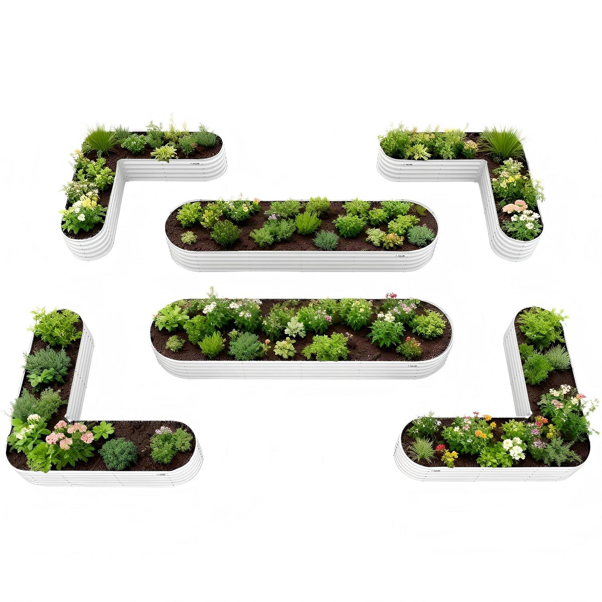 White letter-shaped garden planters with plants on a white background 