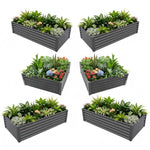 Set of six gray metal raised garden beds with plants on a white background 