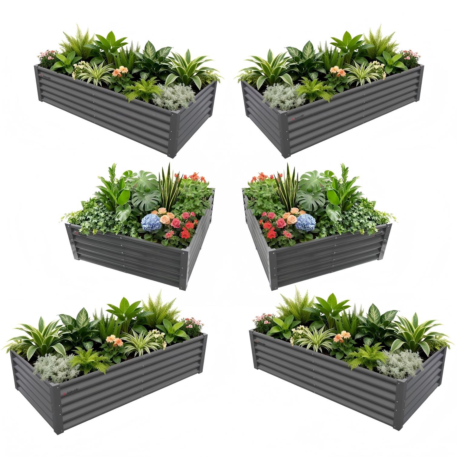Set of six gray metal raised garden beds with plants on a white background #quartz-gray