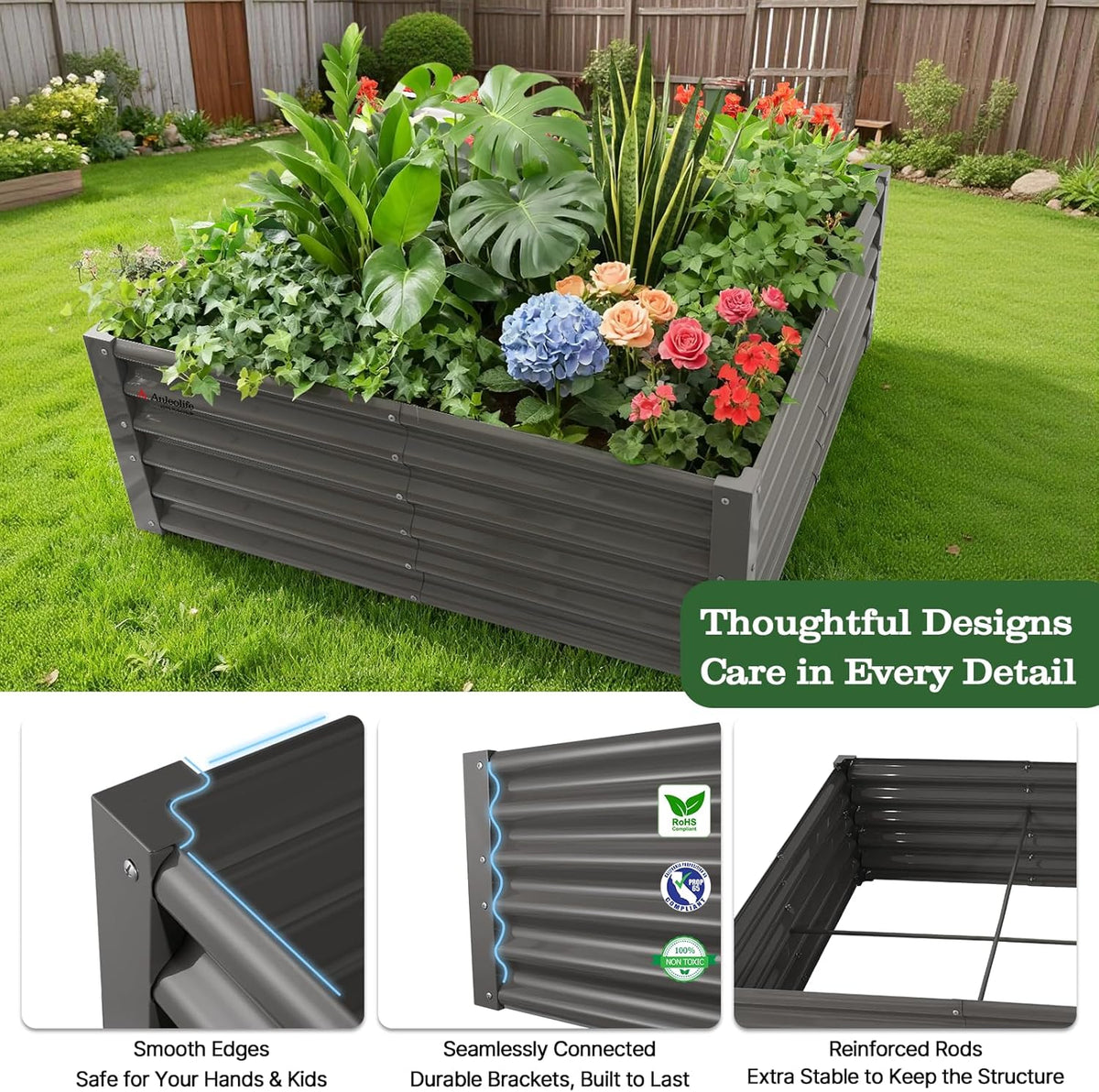 Raised garden bed with plants and flowers on a grassy lawn, featuring text about product features. 