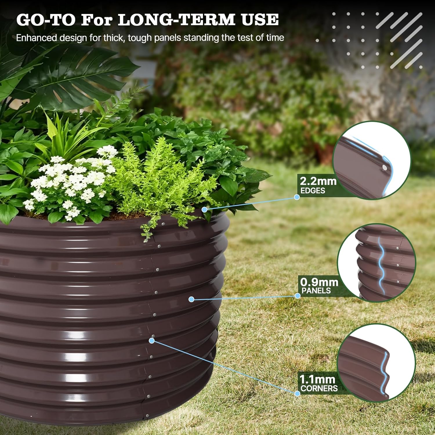 Brown garden planter with plants, highlighting material thickness on a grassy background 