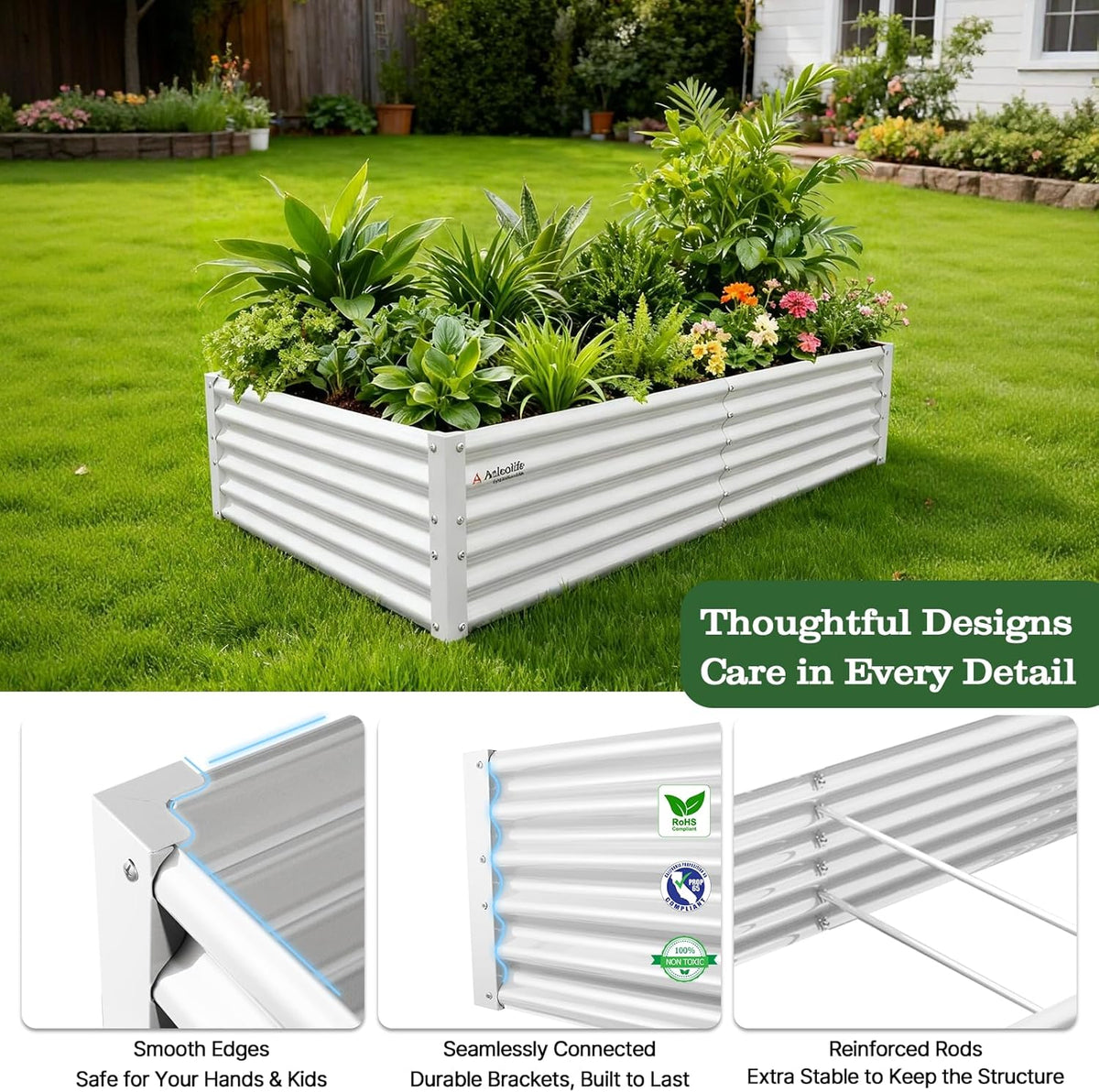 Metal raised garden bed with plants on a grassy lawn, featuring text about product features. 