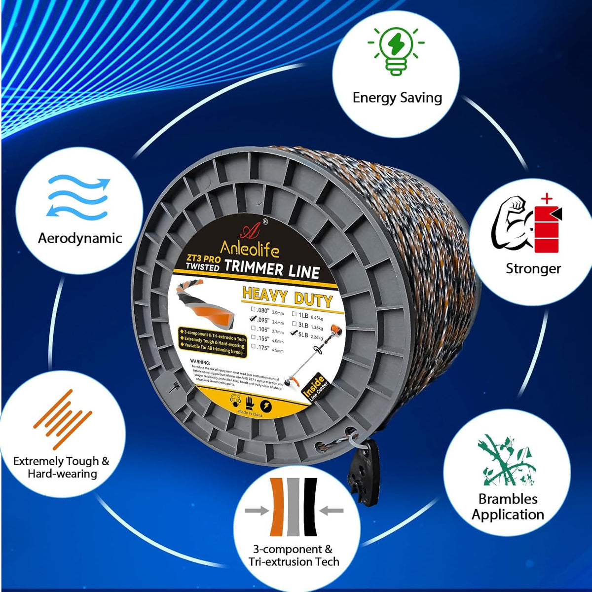 5-Pound ZT3 Pro Heavy Duty Diamond .095-Inch-by-1870-ft Twisted Trimmer Line Spool,3-Component Tri-Extrusion - Anleolife