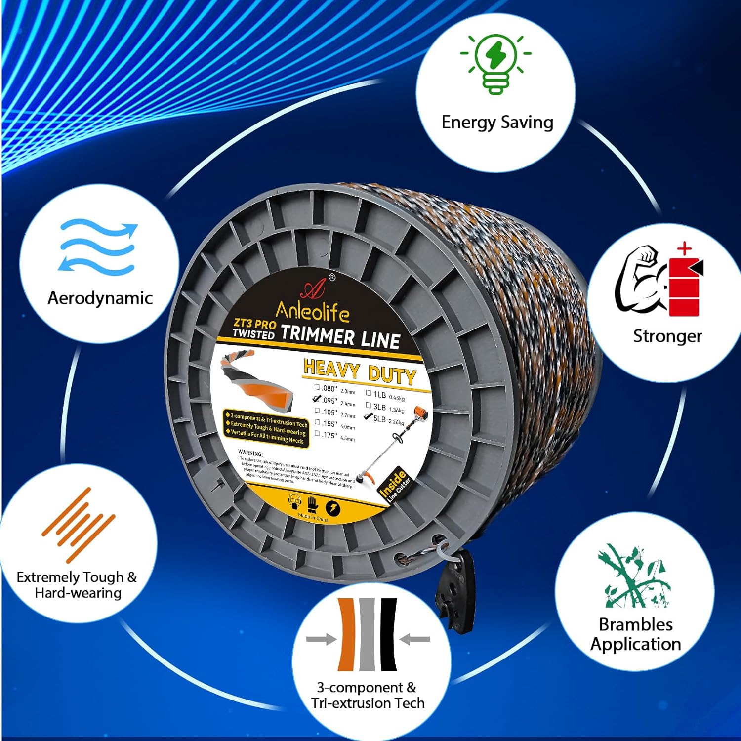 5-Pound ZT3 Pro Heavy Duty Diamond .095-Inch-by-1870-ft Twisted Trimmer Line Spool,3-Component Tri-Extrusion - Anleolife