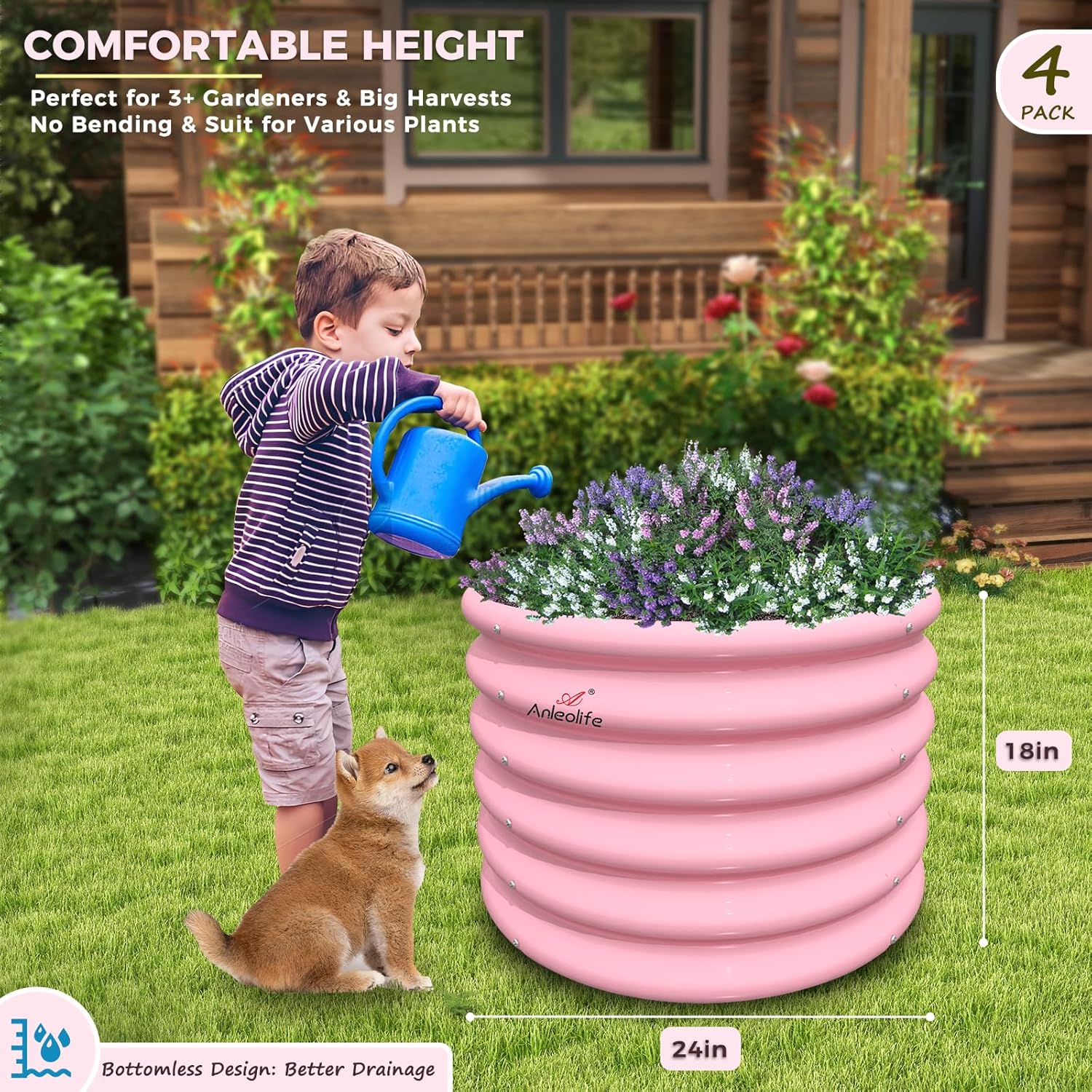 Set of 4:2x2x1.5ft Kids Round Galvanized Metal Raised Garden Beds  (Blush Pink)