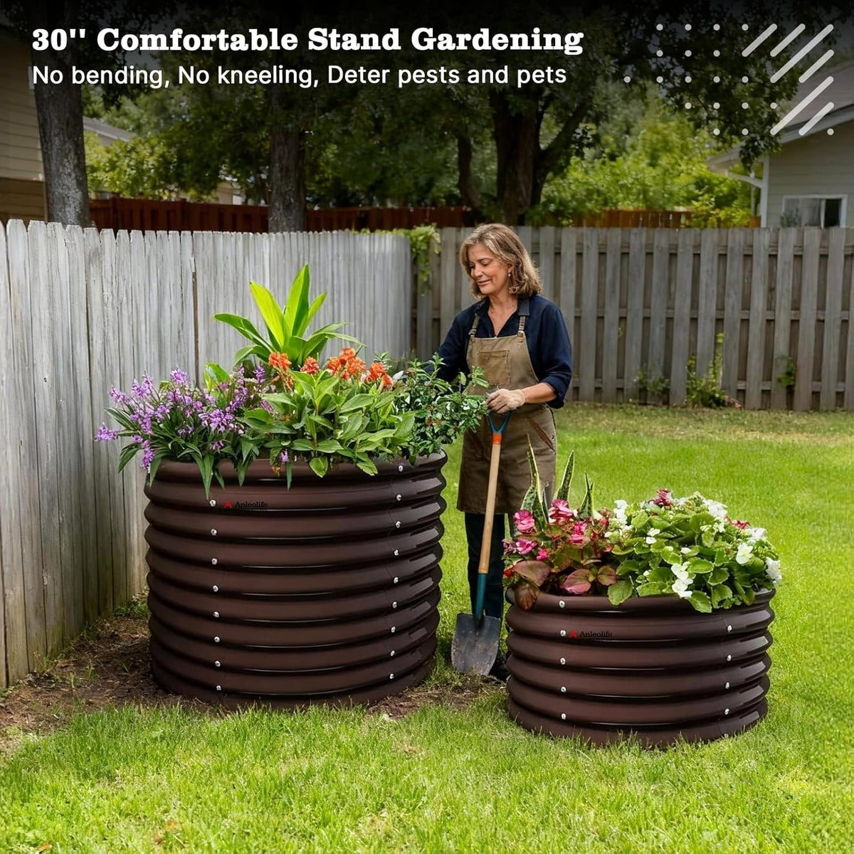 Woman gardening with large brown planters in a backyard setting 