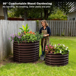 Woman gardening with large brown planters in a backyard setting 