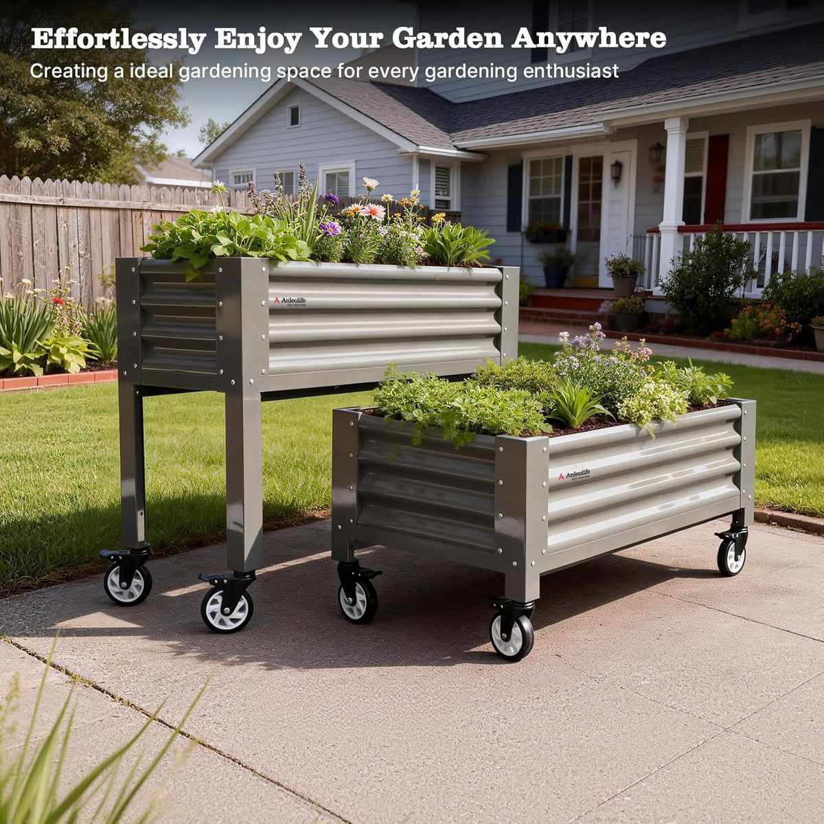 Galvanized Steel Elevated Raised Garden Bed with wheels on a patio in front of a house, with text about gardening. 