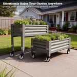Galvanized Steel Elevated Raised Garden Bed with wheels on a patio in front of a house, with text about gardening. 