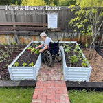 Person in a wheelchair tending to garden beds with text about easier access. 