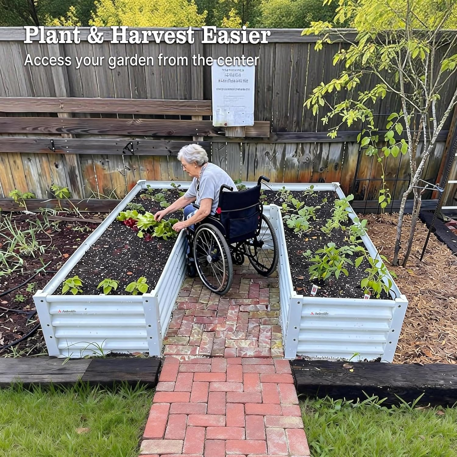 Person in a wheelchair tending to garden beds with text about easier access. 