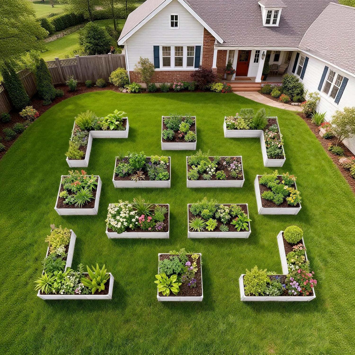 Geometric garden design with plants in front of a house 