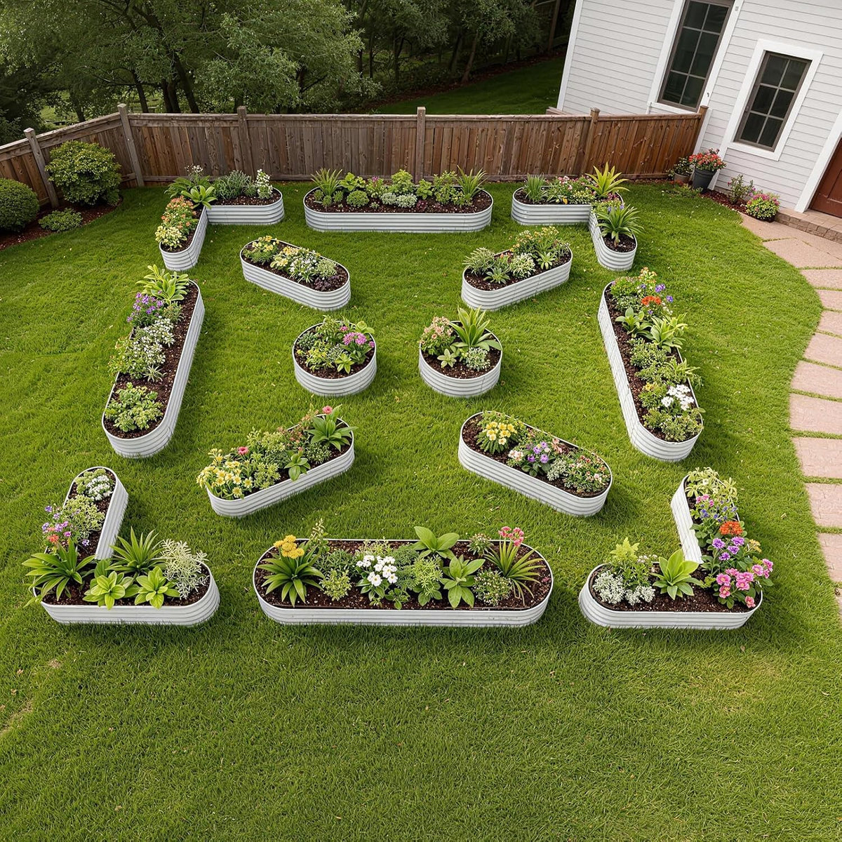 Garden with rectangular planters arranged in a pattern on grass 