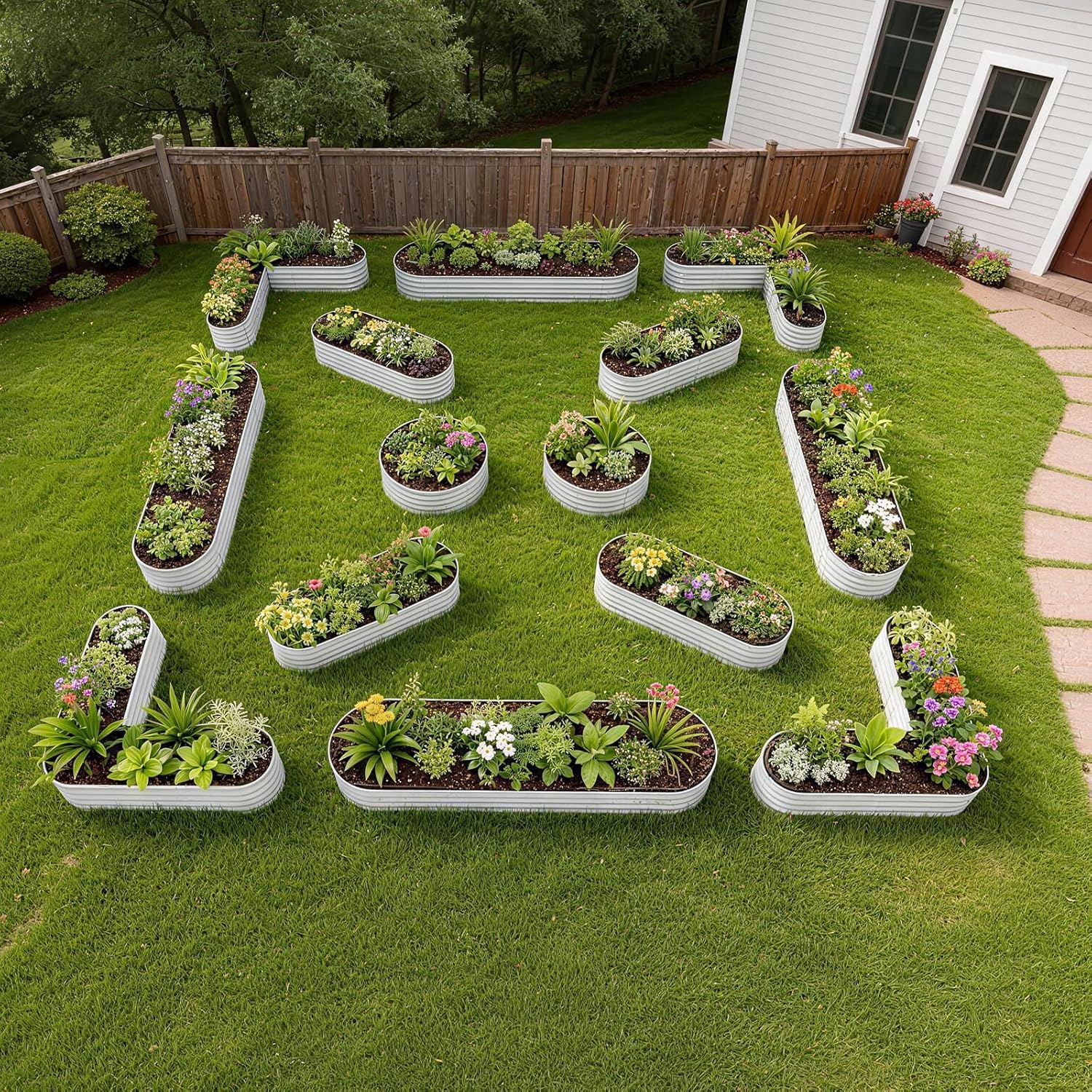 Garden with rectangular planters arranged in a pattern on grass 