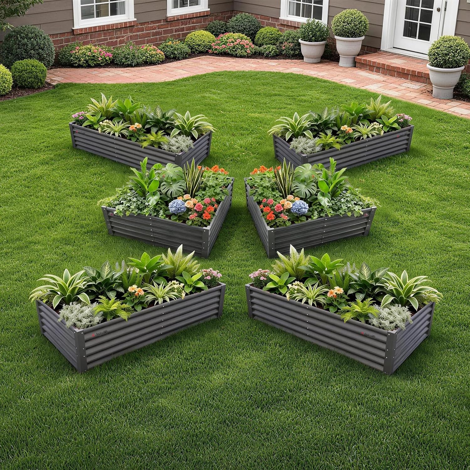 Set of raised garden beds with plants on a grassy area 