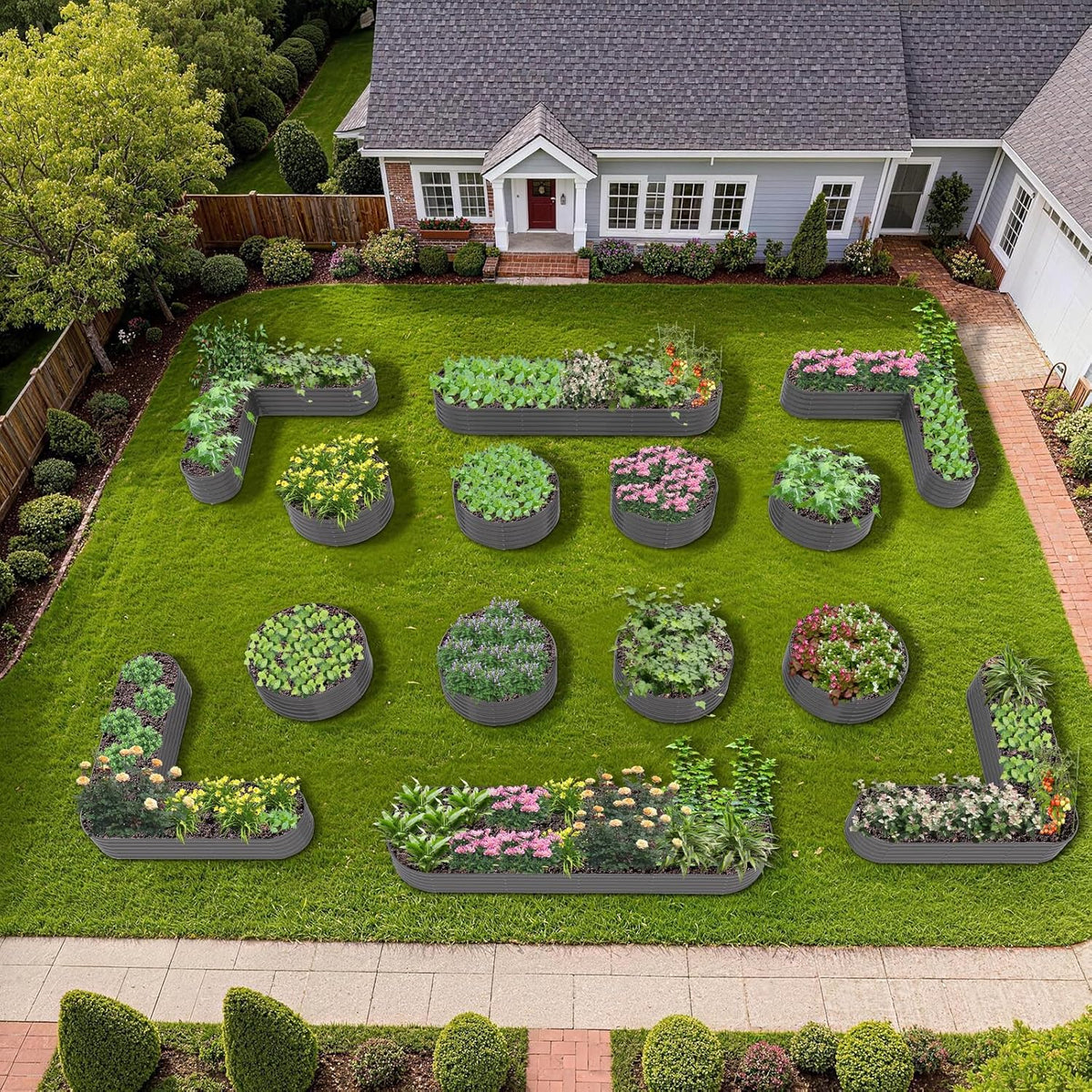 Garden with letter-shaped flower beds spelling 'P' in a front yard. 